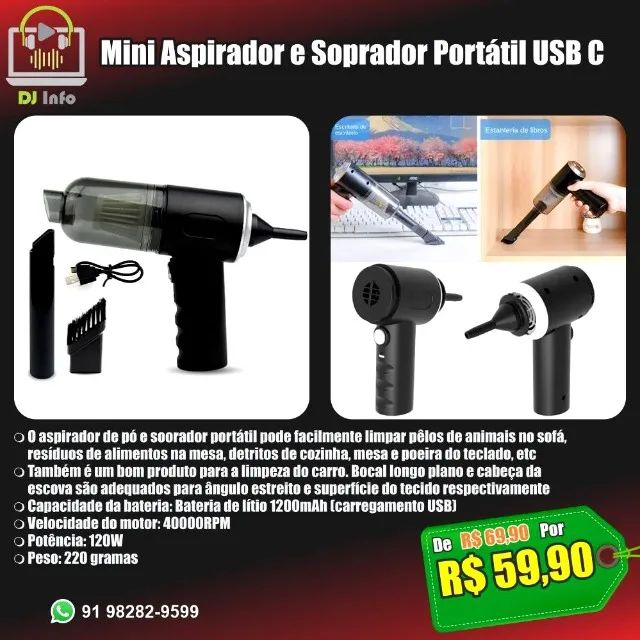 Mini Aspirador e Soprador Portátil USB C