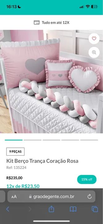 Kit Berço Trança Coração Rosa - 9 Peças