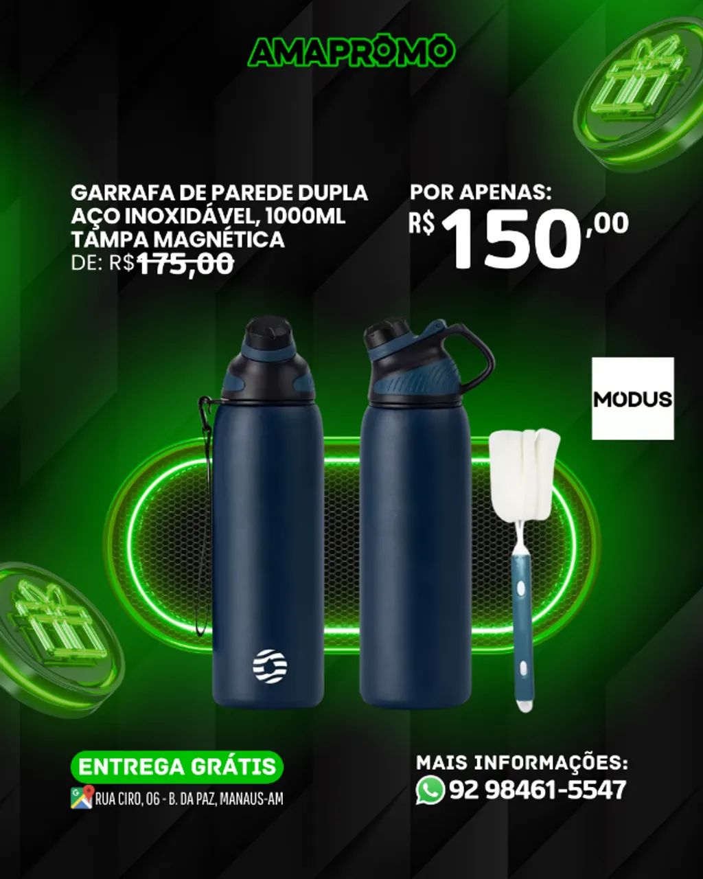 GARRAFA INOX MODUS 1000ML + ESCOVA DE LIMPEZA | ORIGINAL 