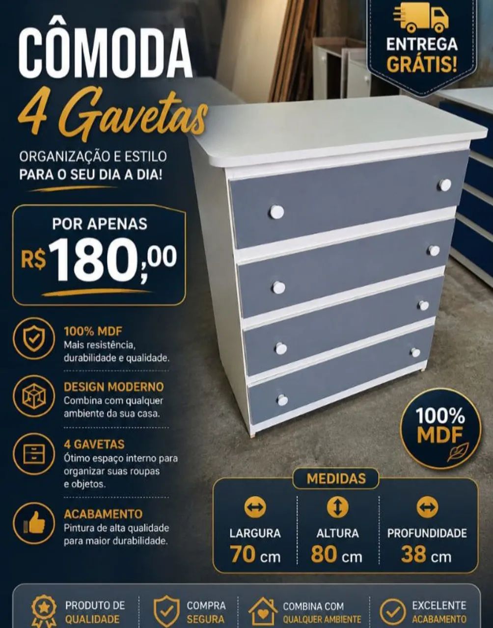 Cômodas MDF de 4 gaveta - Foto 5