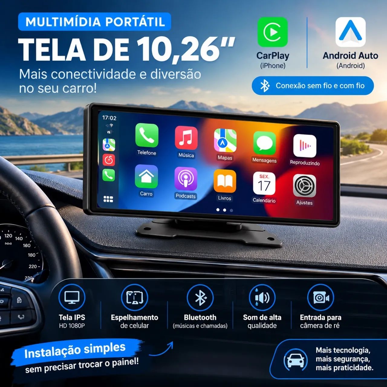 Multimídia portátil 10,26 polegadas, Android auto/carplay sem fio + câmera de ré