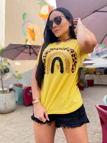 T-shirt Feminina de Luxo Arco-Íris Amarela | Tam. M