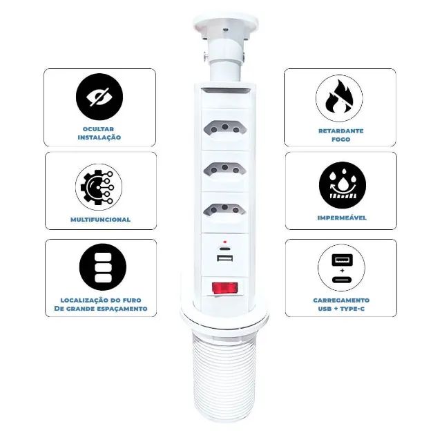 Torre de Tomada Retrátil 3 Tomadas com Entradas USB e Tipo C (branco) - Foto 4
