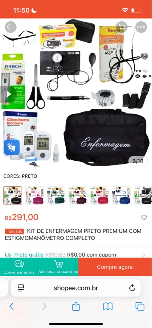 Kit de Enfermagem Preto Premium com Esfigmomanômetro Completo