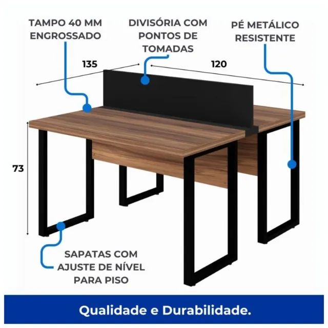 Estação de Trabalho Dupla 1,20×1,35m 2 Lugares c/ Tomada Pé Quadro Nogal Sevilha 63096 - Foto 2