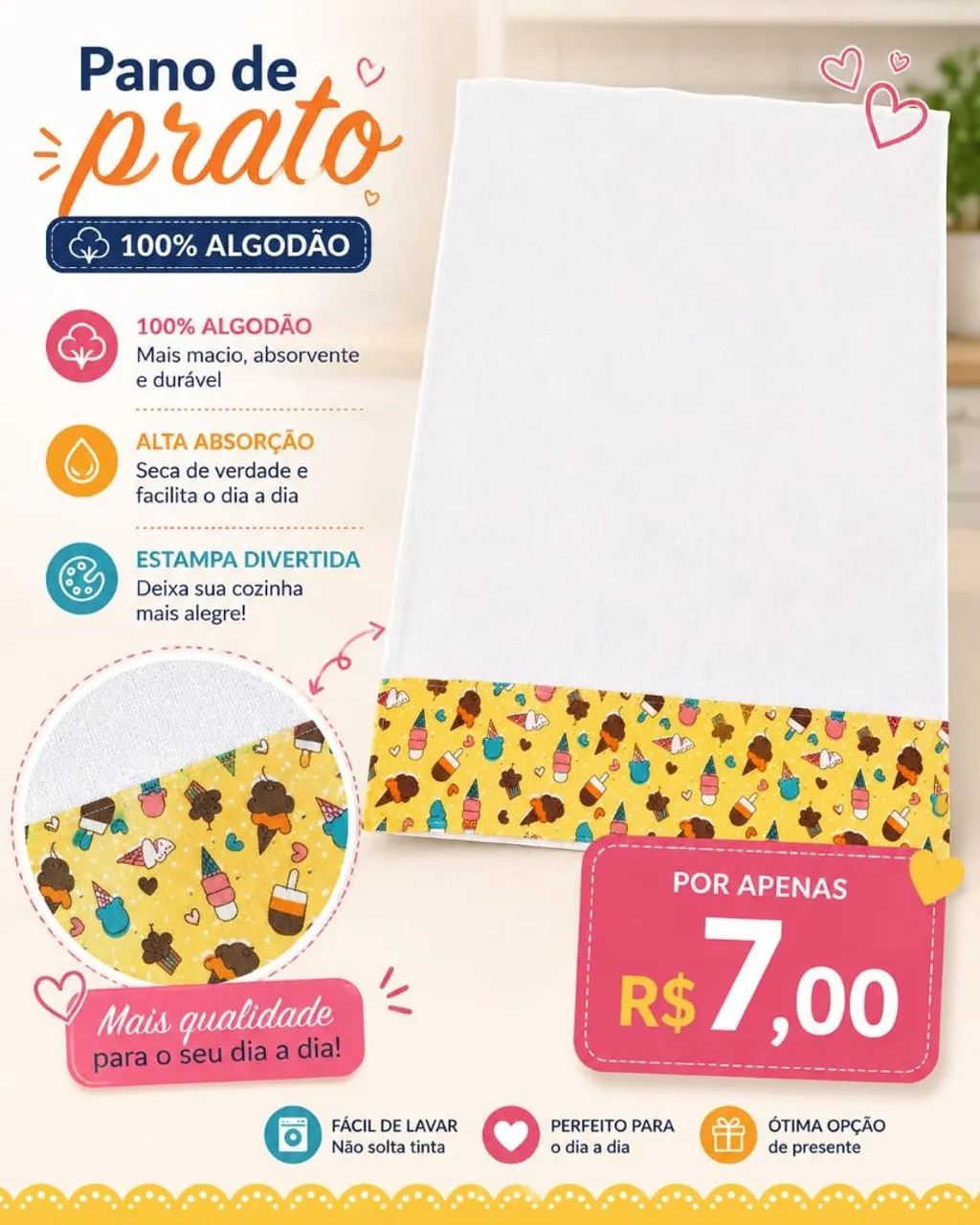 Pano de prato 100% algodão 