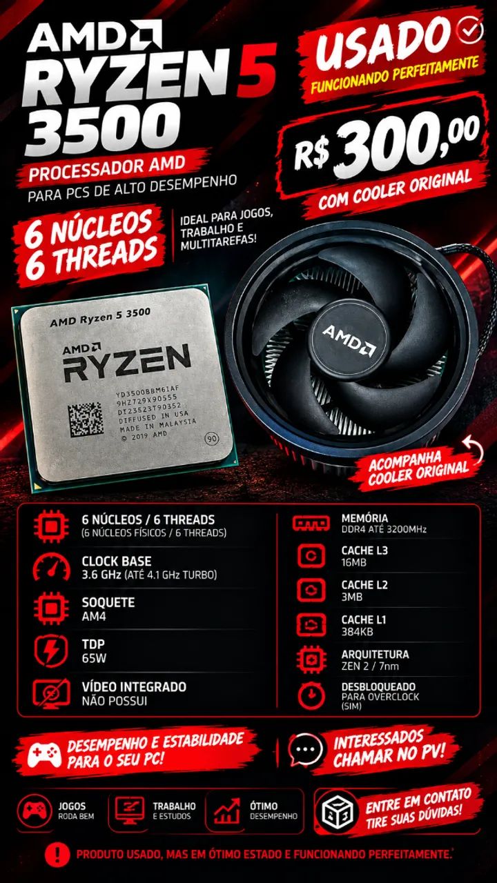 AMD Ryzen 5 3500 6 Núcleos + Cooler Original - Usado
