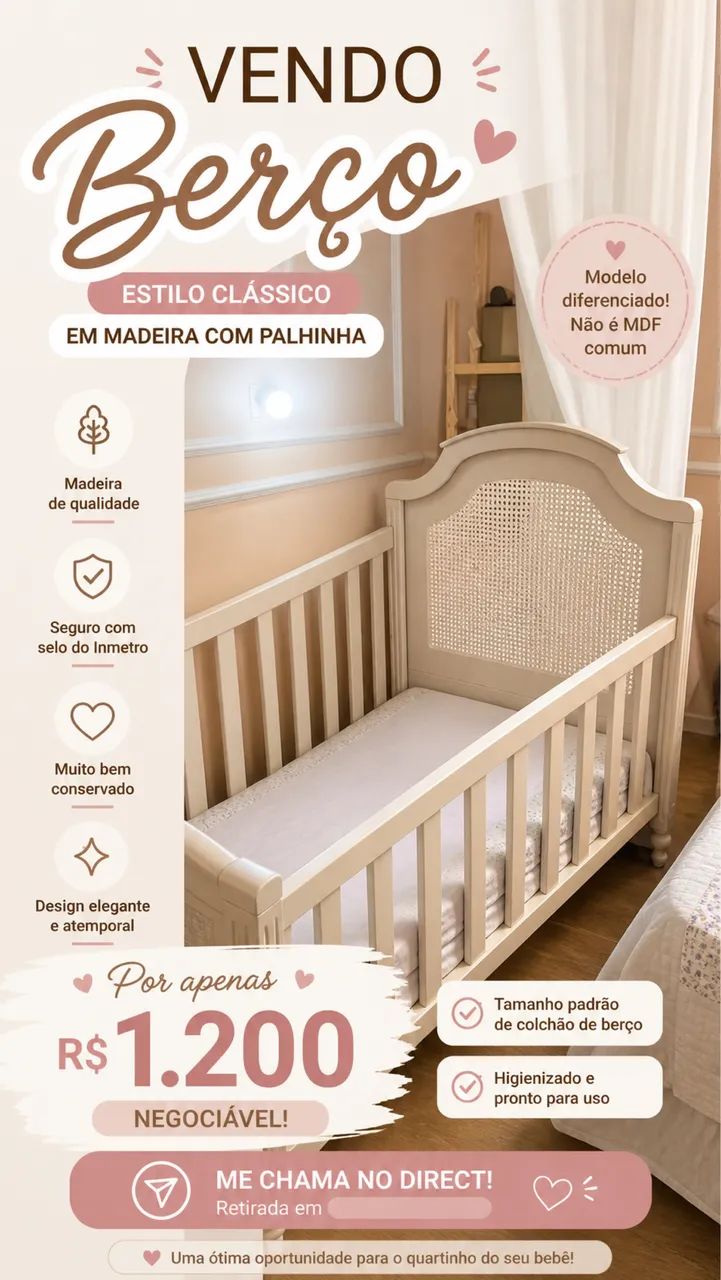 Berço estilo clássico com madeira em palhinha 