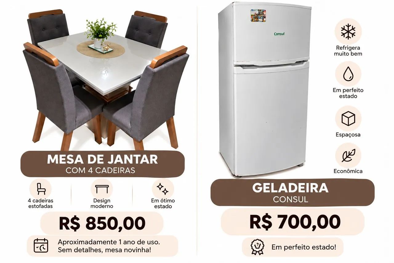 Geladeira e mesa 4 lugares