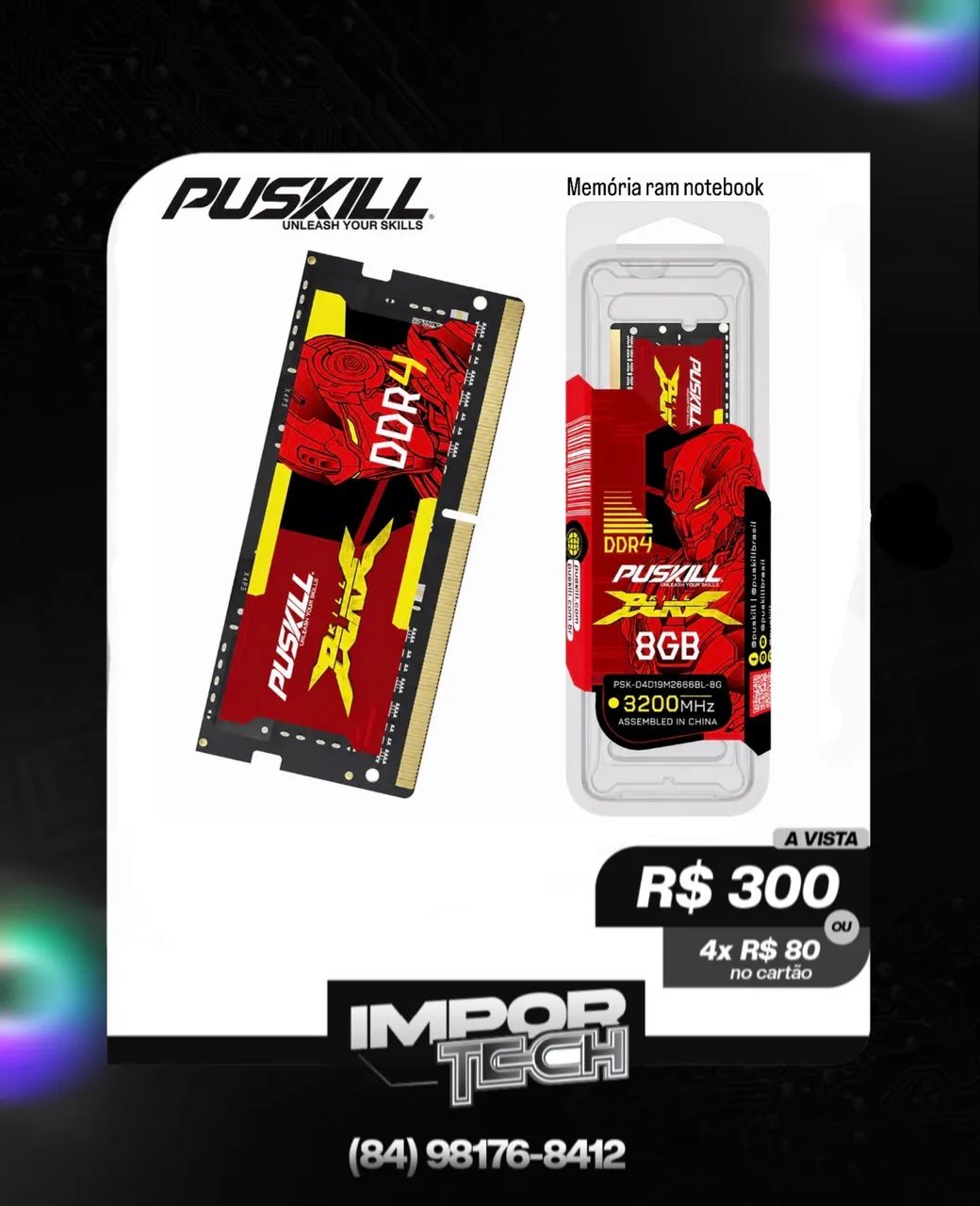 Memória ram 8GB Ddr4 3200MHz PUSKILL (Notebook). @importech_084