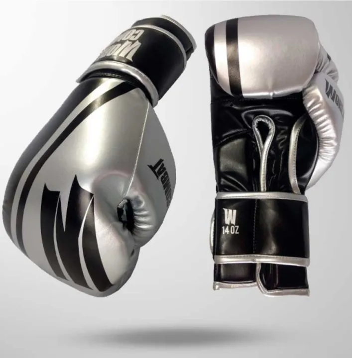 Luva de boxe world combat preto e prata 12 oz, 14 oz