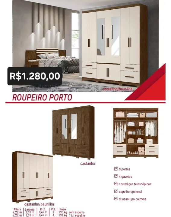 Guarda-Roupa Porto 8 Portas 4 Gavetas - Castanho/Baunilha