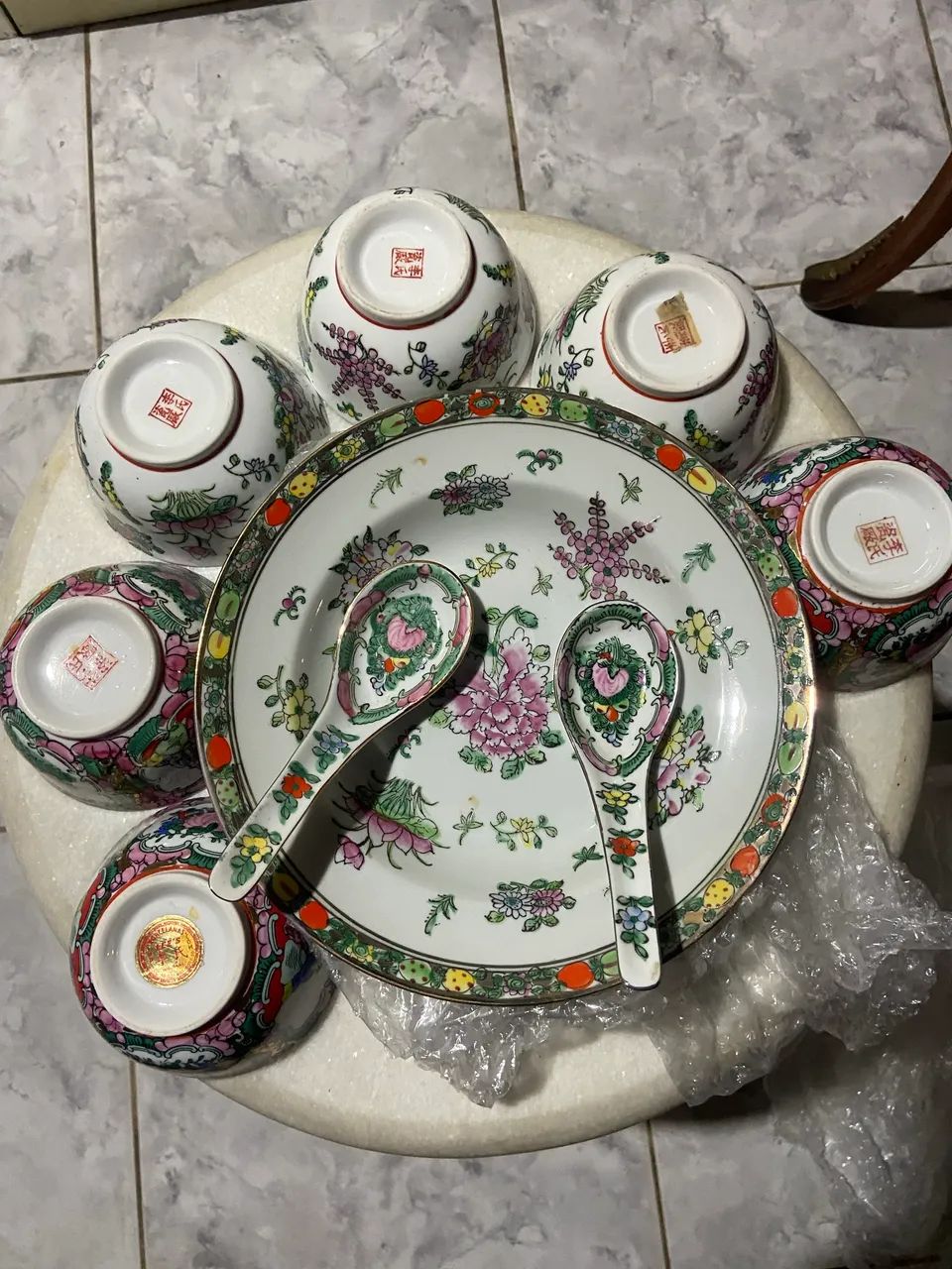 Kit de 10 peças porcelanas chinesas: 6 tigelas, 2 colheres, 2 pratos, raridade 