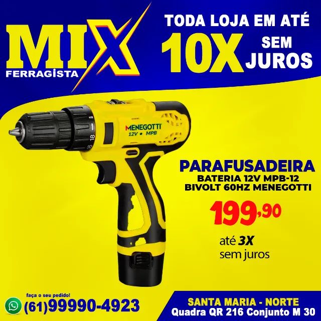 Parafusadeira Bateria 12V MPB-12 Bivolt 60hz Menegotti