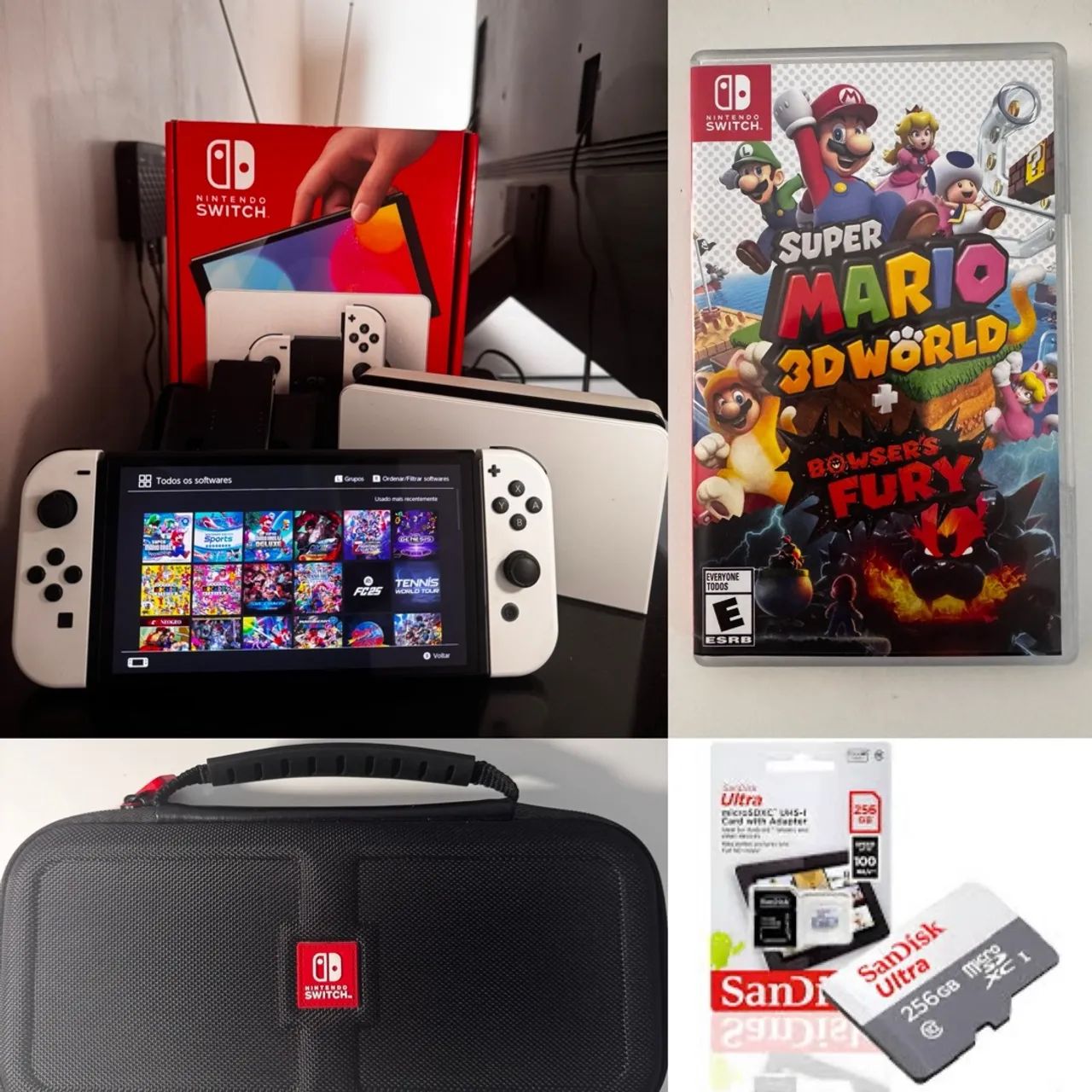 Nintendo Switch OLED + Case Original + Cartão Memoria 256GB + Super Mário 3D Word