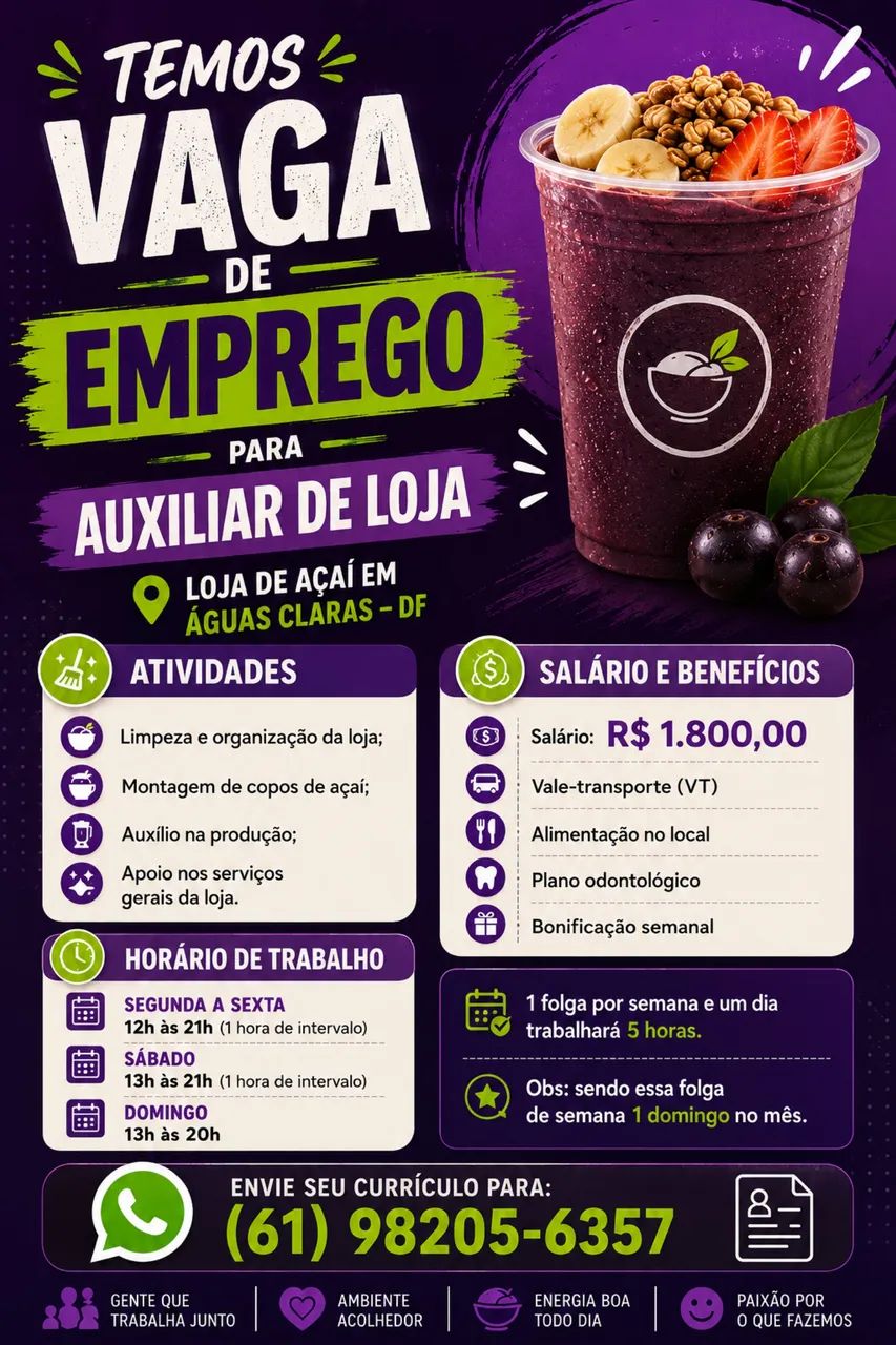 Vaga de emprego em águas claras - loja de açaí