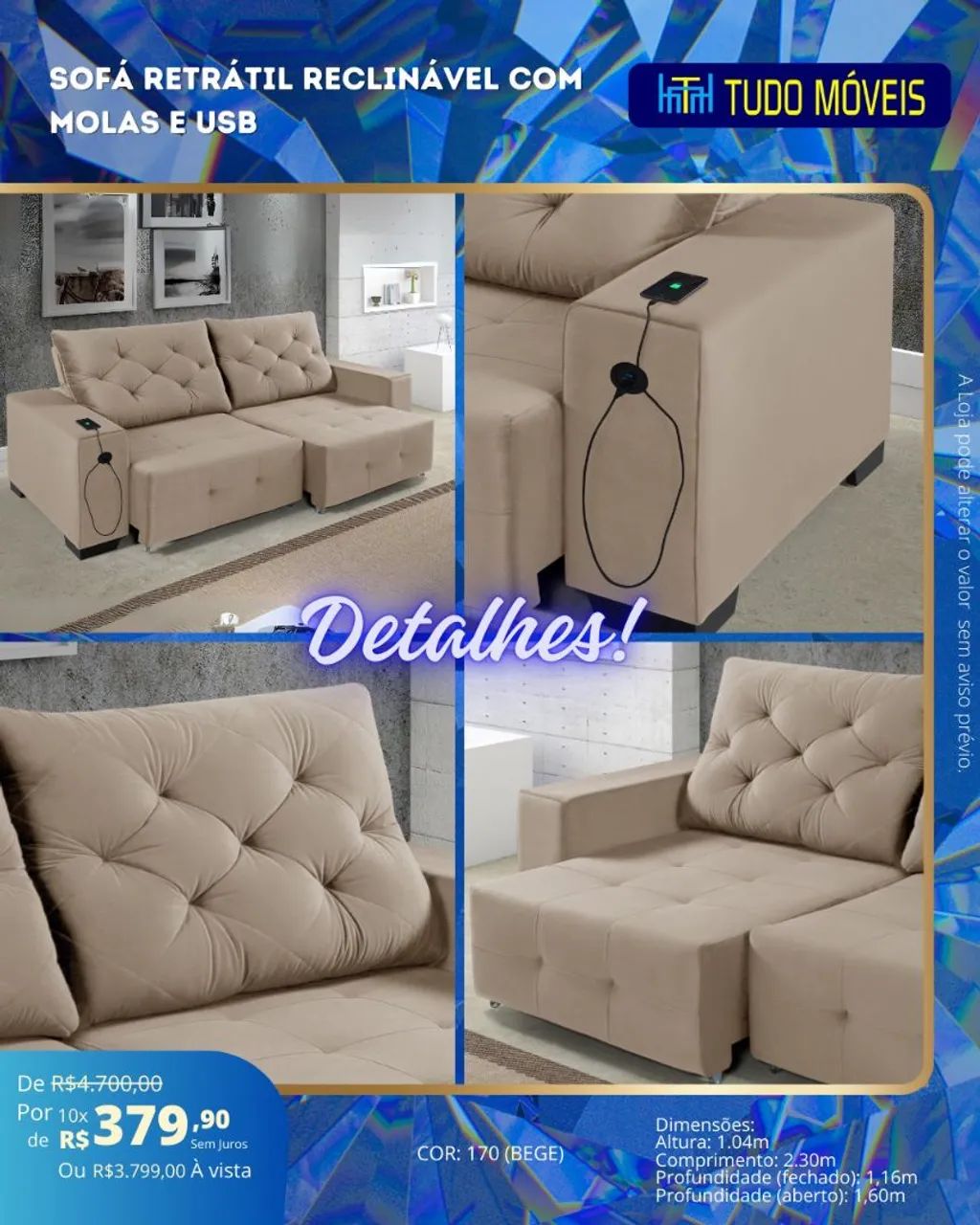 Sofa retrátil e reclinável com molas e USB - Foto 5
