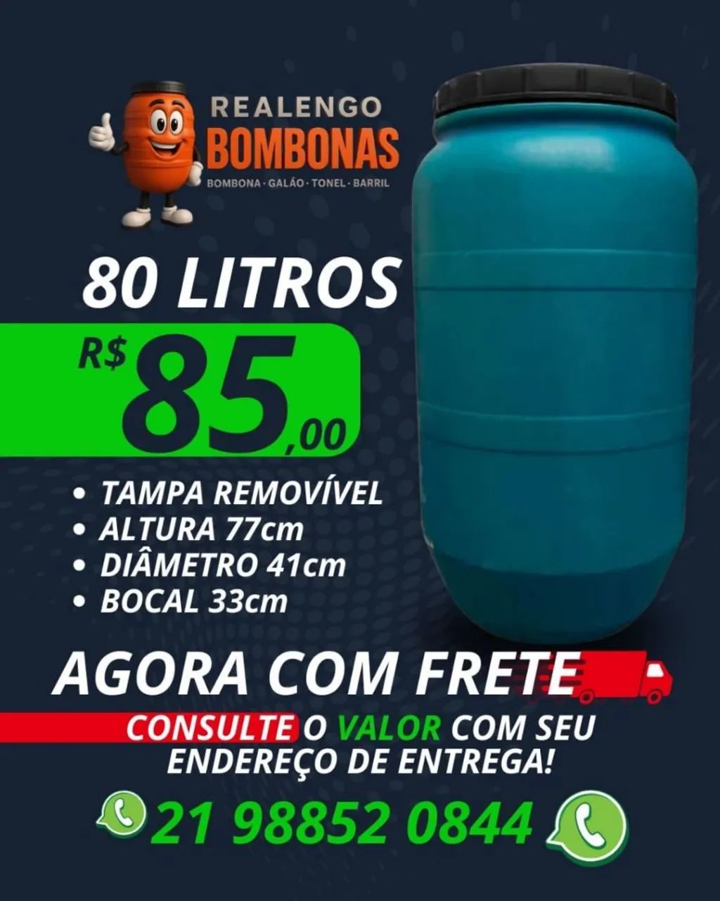Bombona 80 litros, Galão Tonel Tambor Barril Bombonas pra água, ração, gelo, óleo, suco