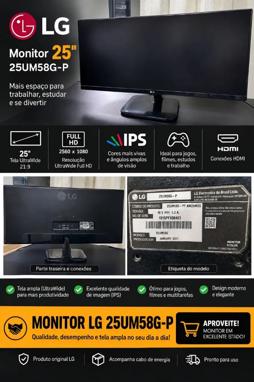 monitor  LG ultrawide IPS 25 polegadas