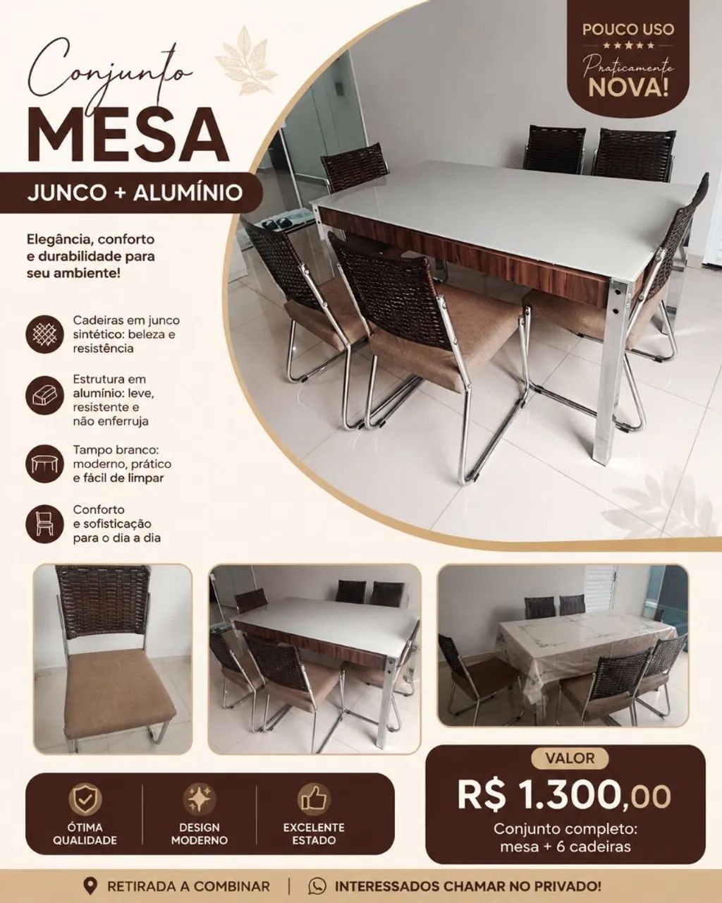 Mesa 6 cadeiras junco alumínio 