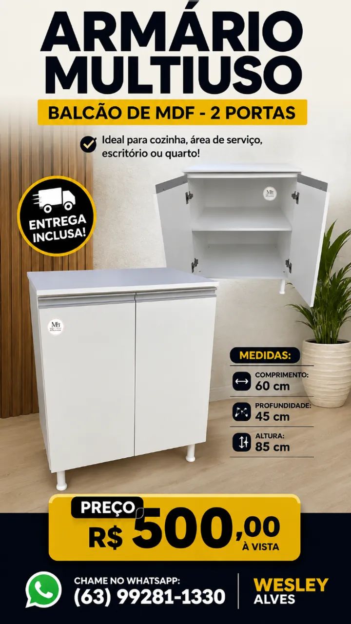 ARMÁRIO MULTIUSO DE MDF BRANCO 2 PORTAS 