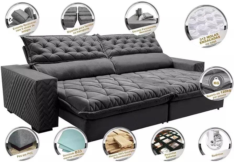 Sofá Retrátil e Reclinável 2,95m Molas Ensacadas Cama inBox Spazus - Foto 2