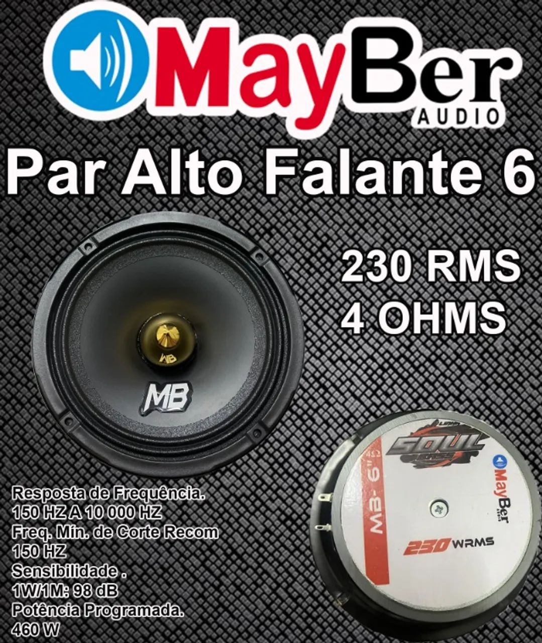 Par alto falante medio 6 polegadas 230rms Mayber audio