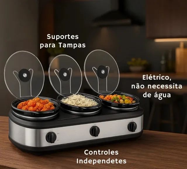 Rechaud Elétrico Members Triplo Buffet Slow Cooker 3 Panelas