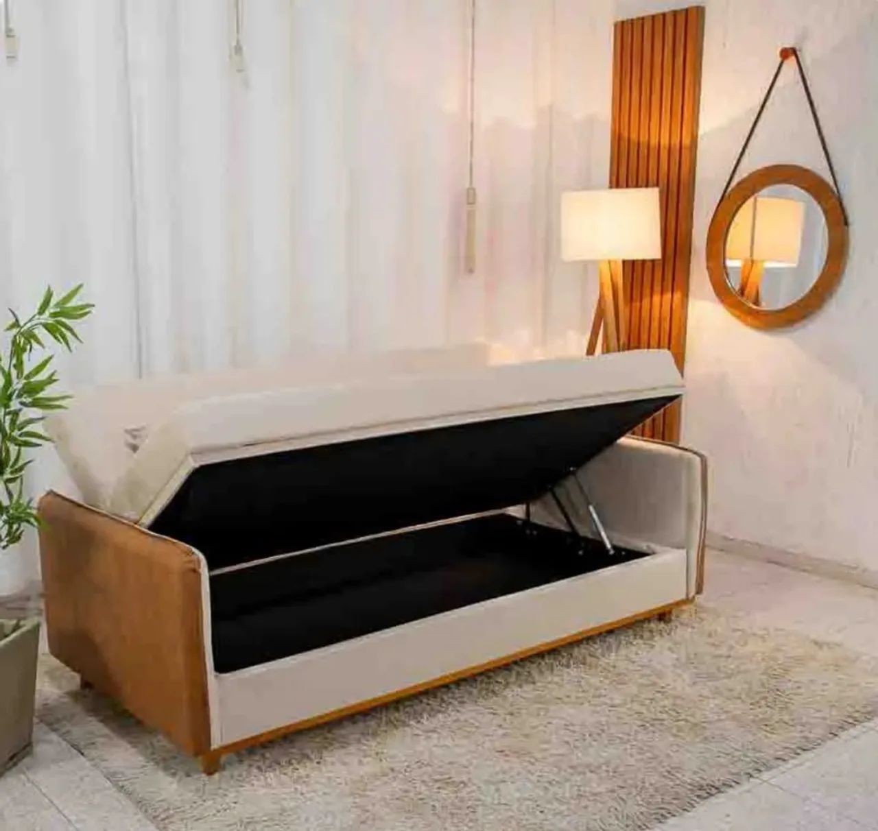 Sofá cama em linho com baú 