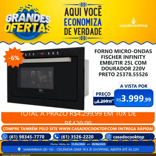 FORNO MICRO-ONDAS FISCHER INFINITY EMBUTIR 25L COM DOURADOR 220V PRETO