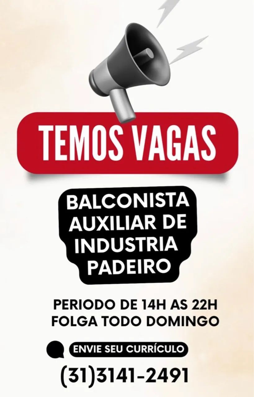 Balconista/Auxiliar de Indústria Padeiro - Vagas Disponíveis!