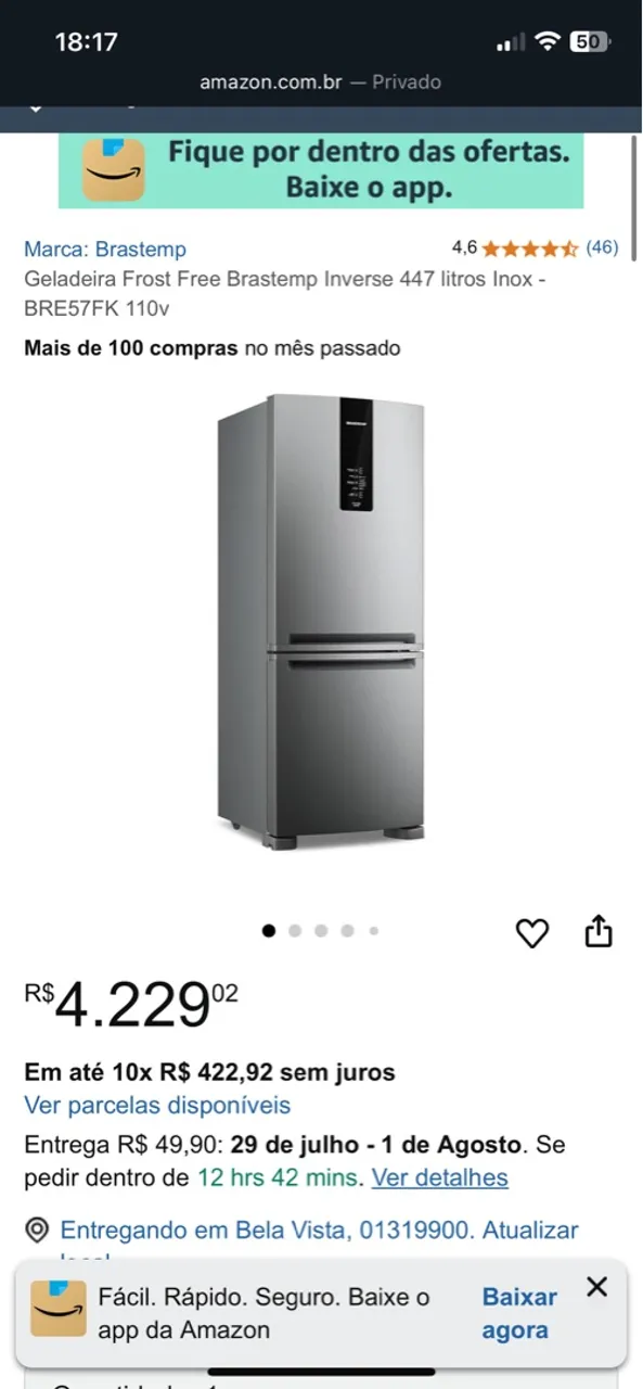 Geladeira Brastemp Frost Free Inverse 447L Inox