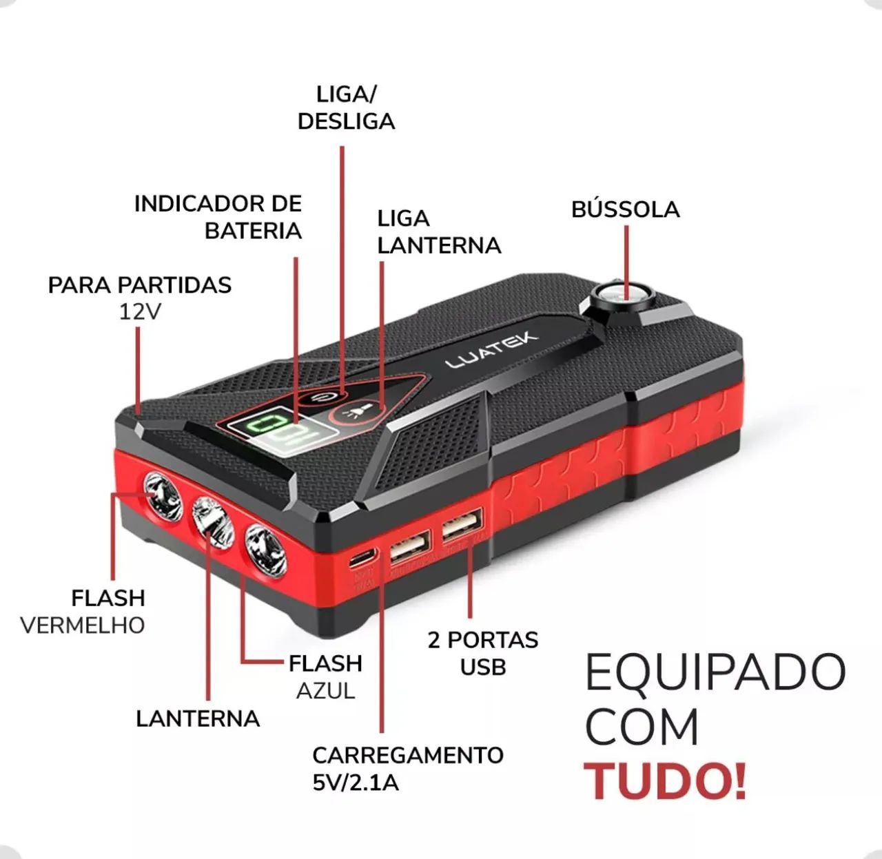 Auxiliar de partida Luatek compressor luz de emergência Power bunker - Foto 4