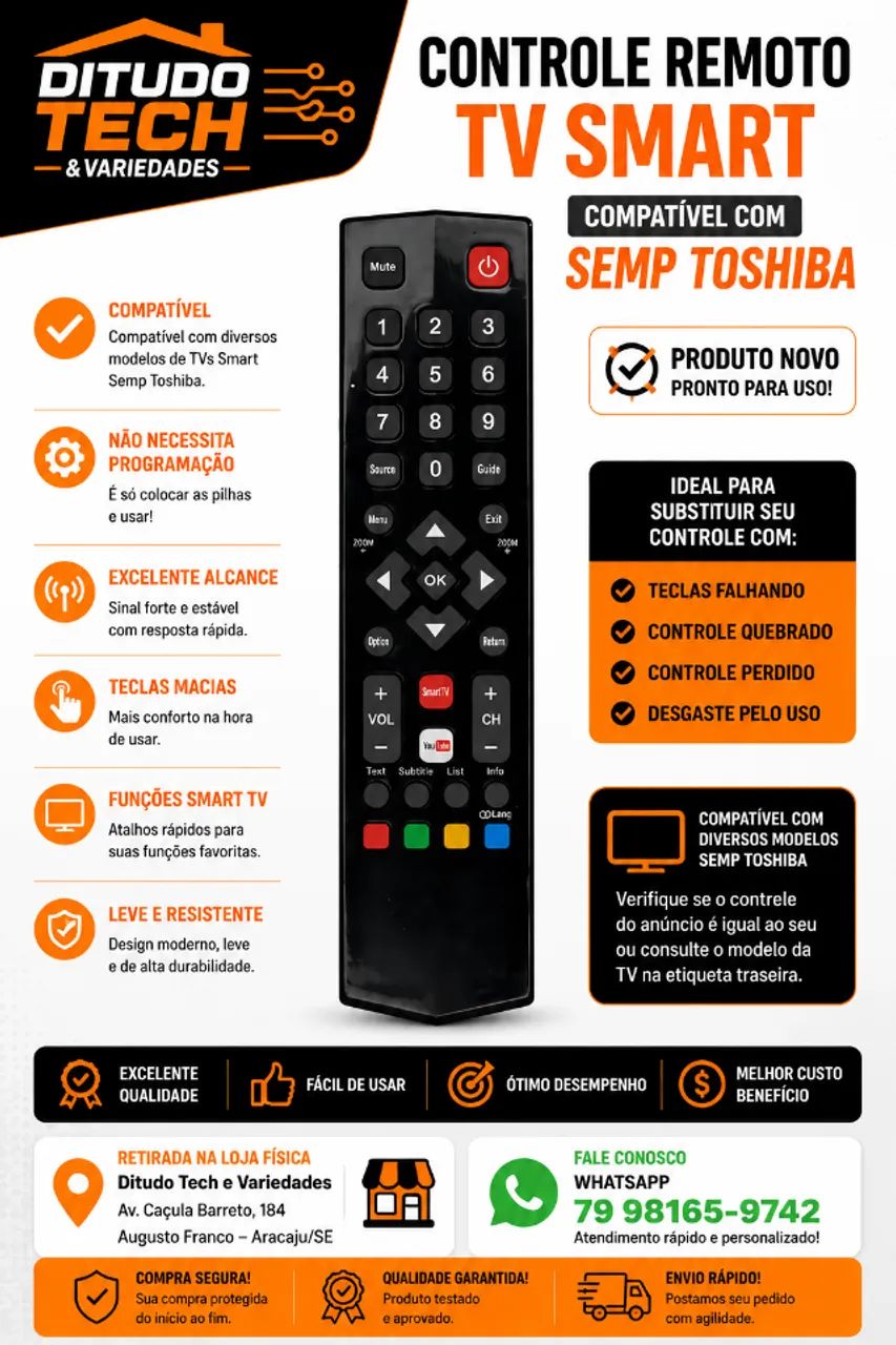 Controle Remoto TV Smart Compatível com Semp Toshiba - Novo - Ditudo Tech e Variedades - Foto 2