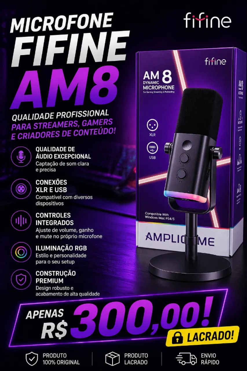 Microfone dinâmico USB/XLR - Fifine AM8 - Lacrado!