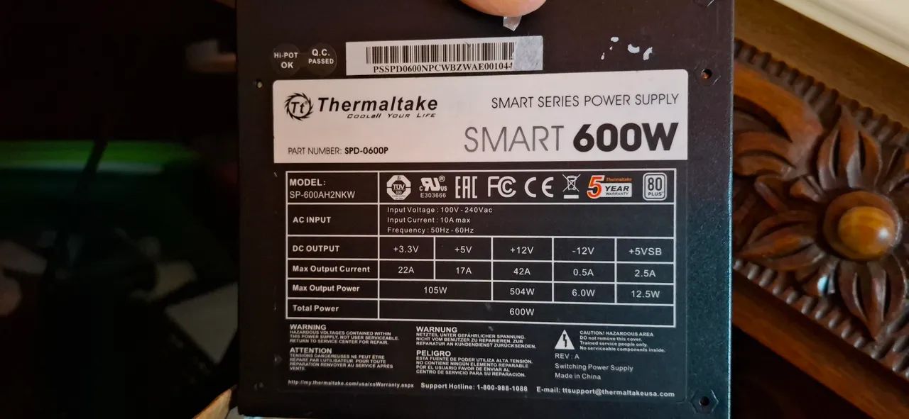Fonte Thermaltake Smart 600W 80 Plus White - PFC Ativo
