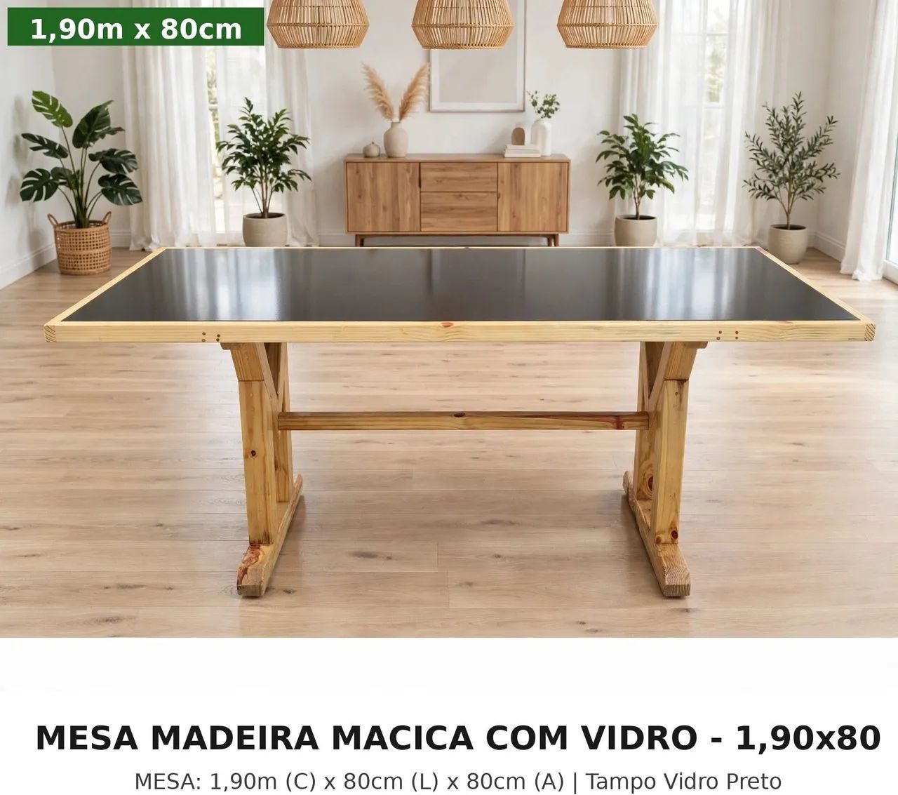 Mesa madeira maciça com vidro 