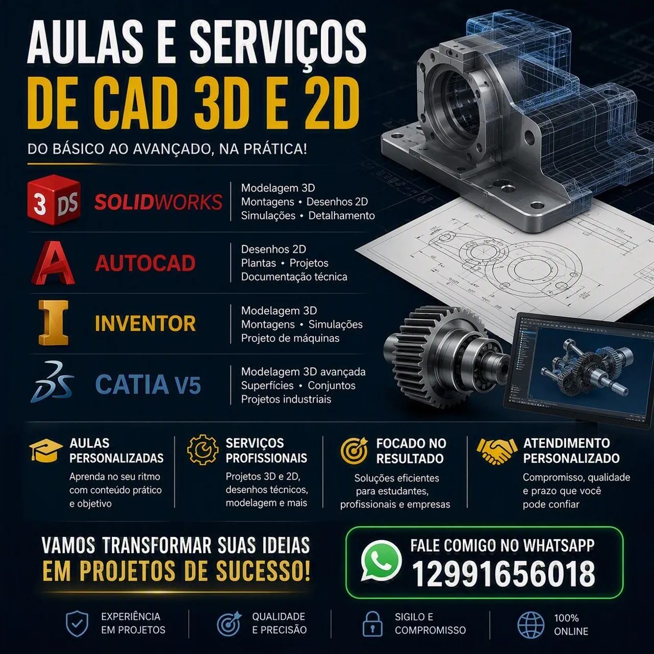 Aulas e Serviços de SolidWorks, AutoCAD, Inventor e CATIA V5 | Projetos 2D e 3D