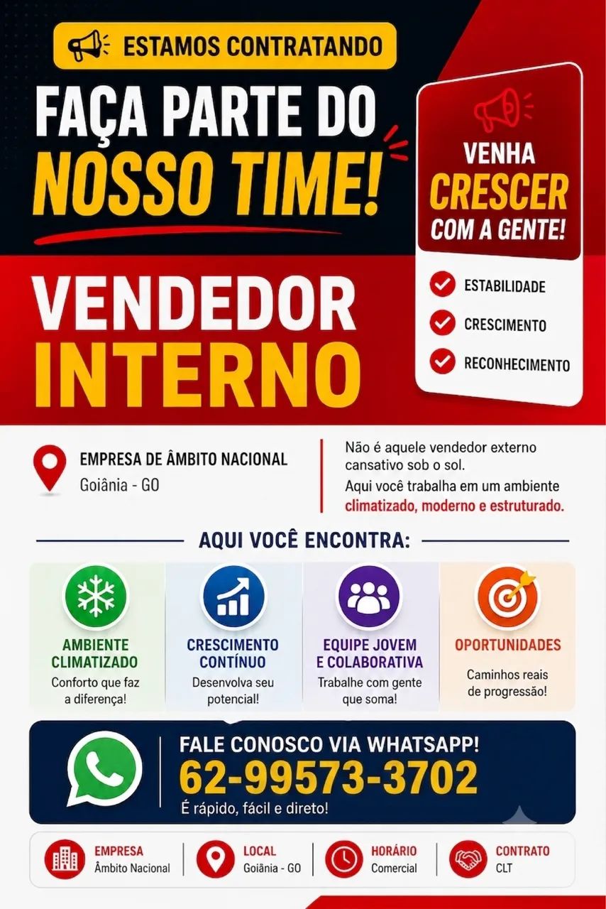 Vaga para venda Interna. 