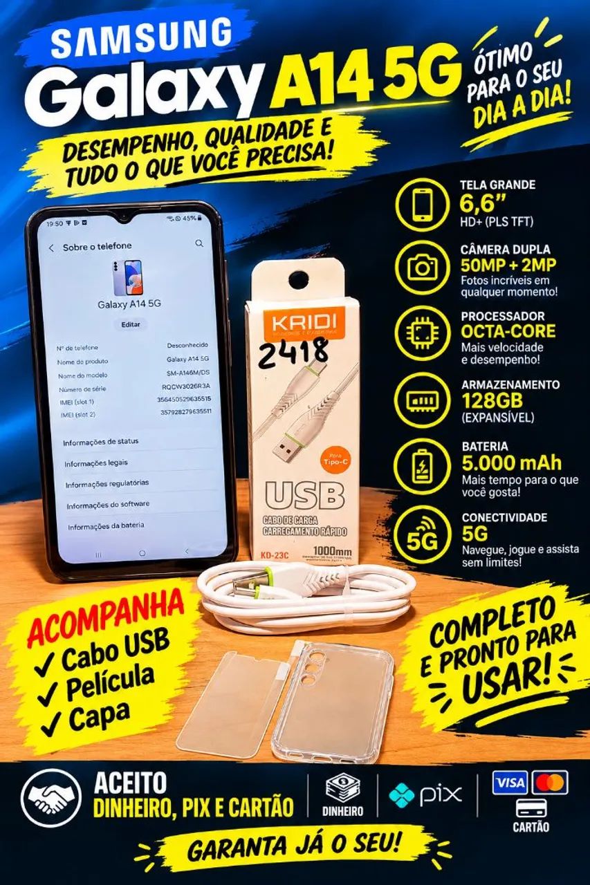 Samsung A14 5G, Capa, Película e Cabo