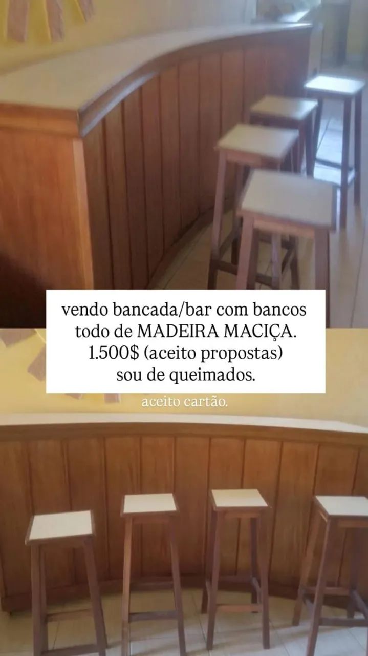 Bancada/bar + bancos em madeira maciça