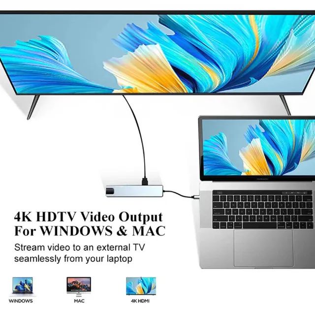 Adaptador Hub USB tipo C para laptop 8 em 1 HDMI 4K LAN leitor SD micro SD - Foto 6