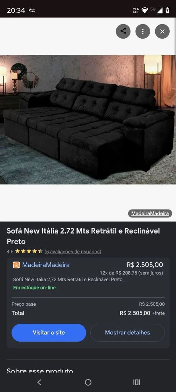 Sofá New Itália 2,72 preto retrátil e reclinável 