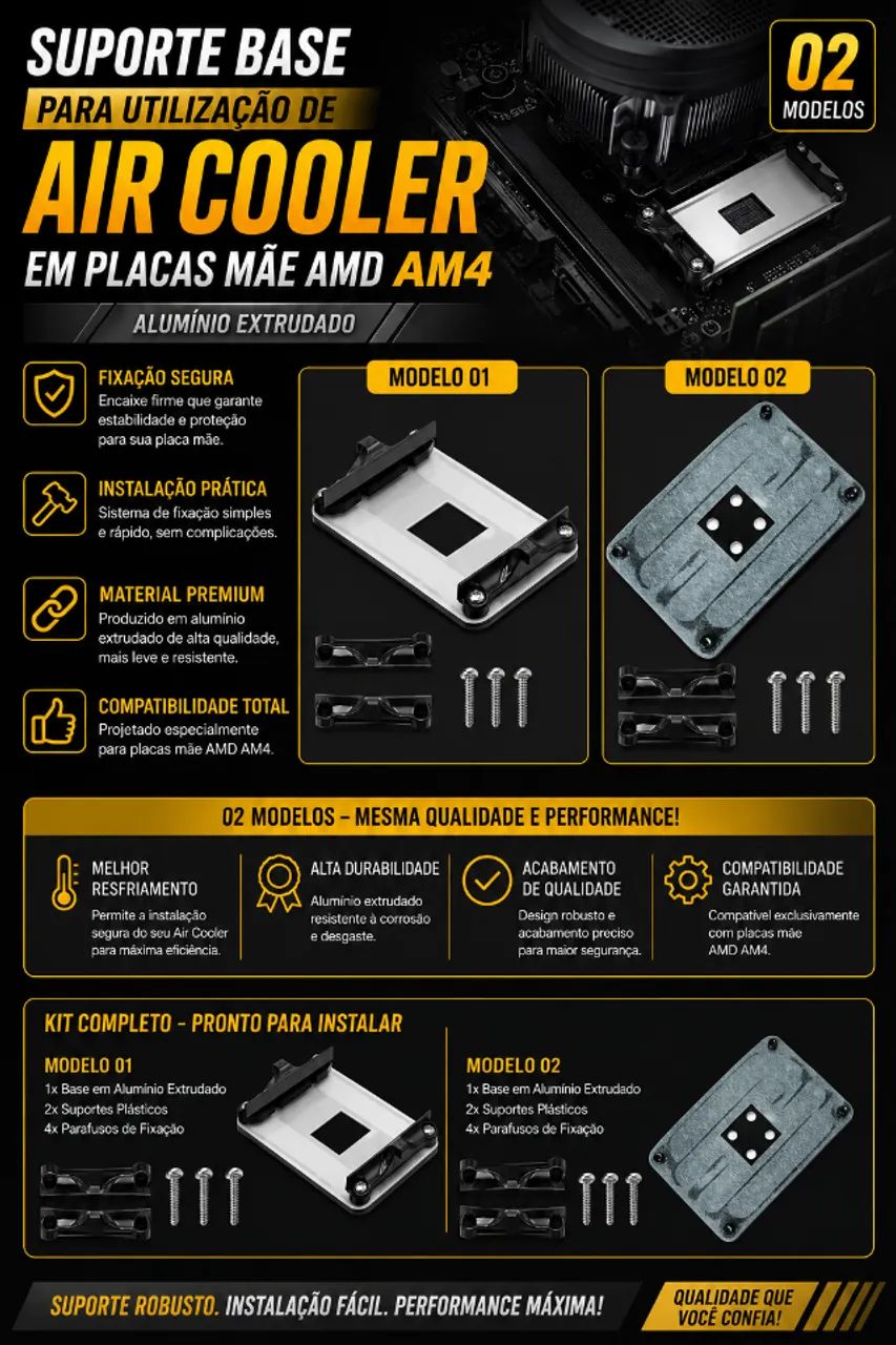 Suporte Base Para Utilização de Air Cooler em Placas Mãe AMD AM4 em alumínio extrudado