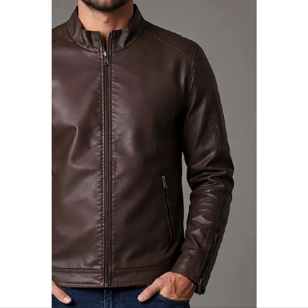 Jaqueta de Couro Marrom Biker - Foto 2