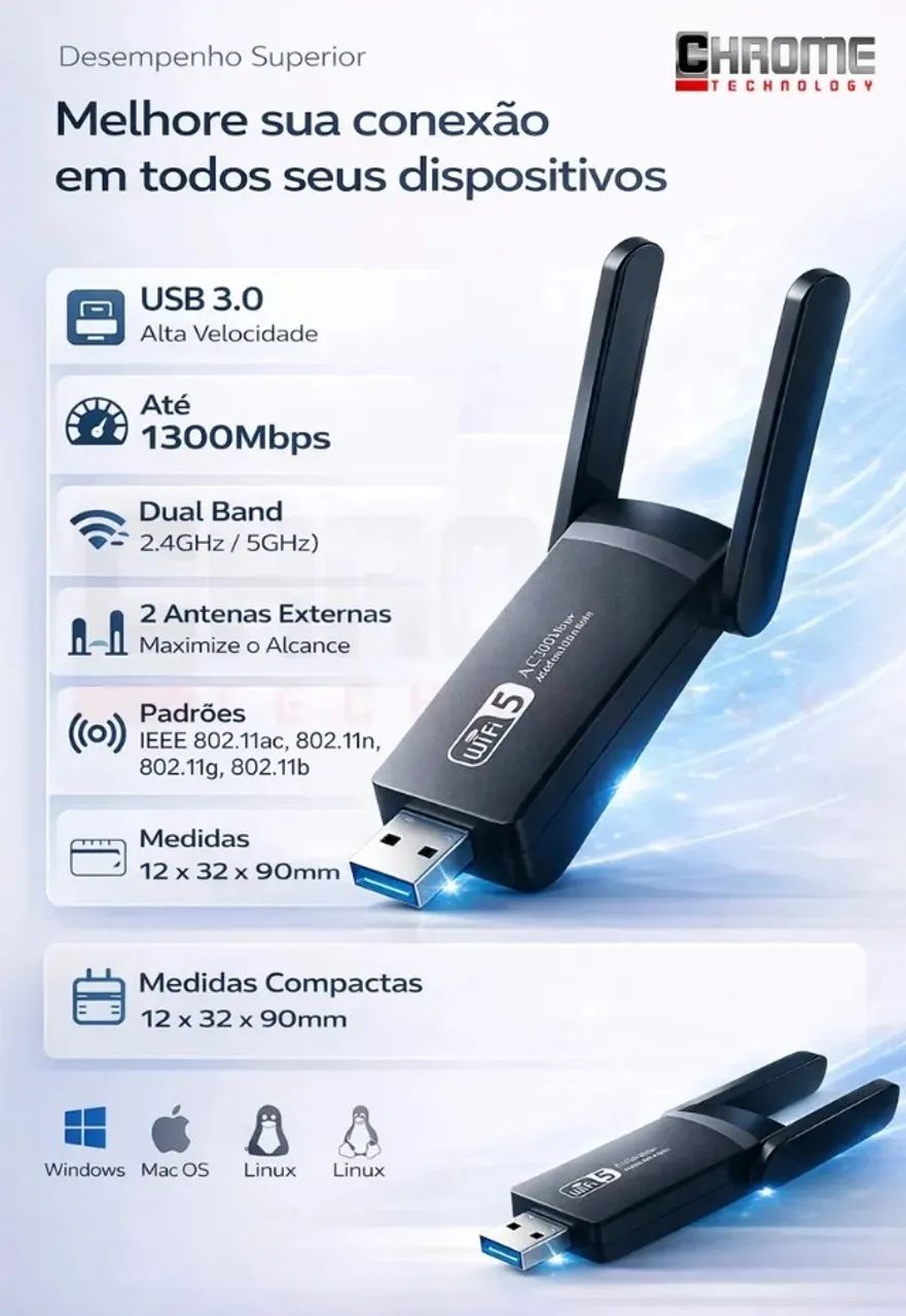 Adaptador Wi-Fi USB Dual Band Technology para e Notebook AC 1300 MBPS - Foto 2