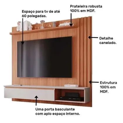 Painel P/tv Até 60 Polegadas Panama Plus Ripado C/ Prateleira - Foto 2