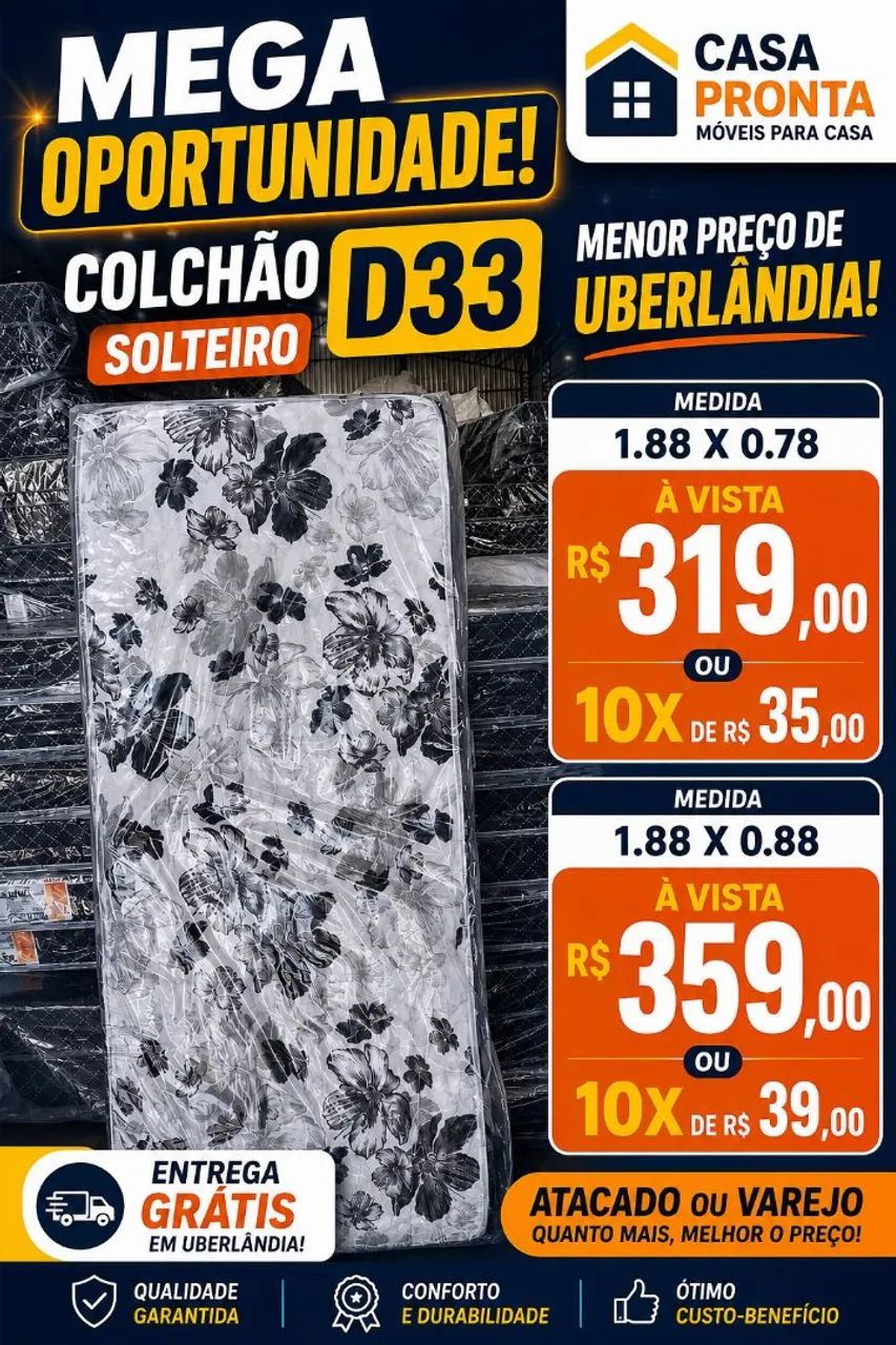 COLCHÃO D33 SOLTEIRO MEDIDA 0.78 OU 0.88 