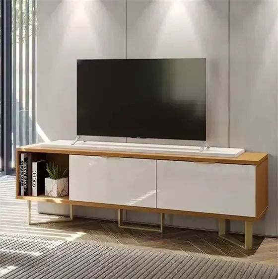 Rack Bancada Malibu 2 Portas para Tv até 70 Polegadas Pés em Aço Tauari Clean / Off White<br>