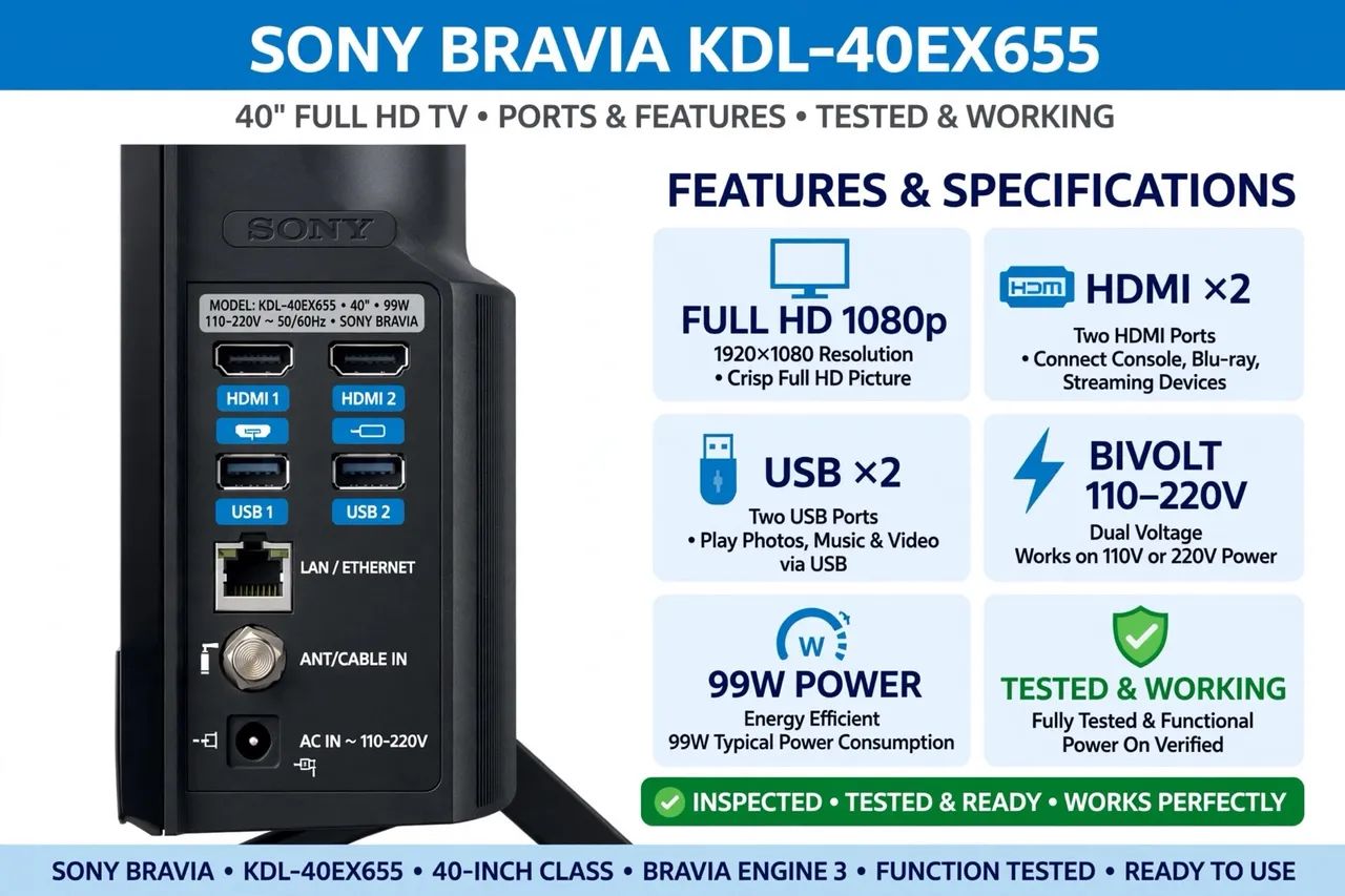 > SONY BRAVIA 40" KDL-40EX655 - Full HD - Bivolt - Testada Ok + Controle ok   - Foto 2